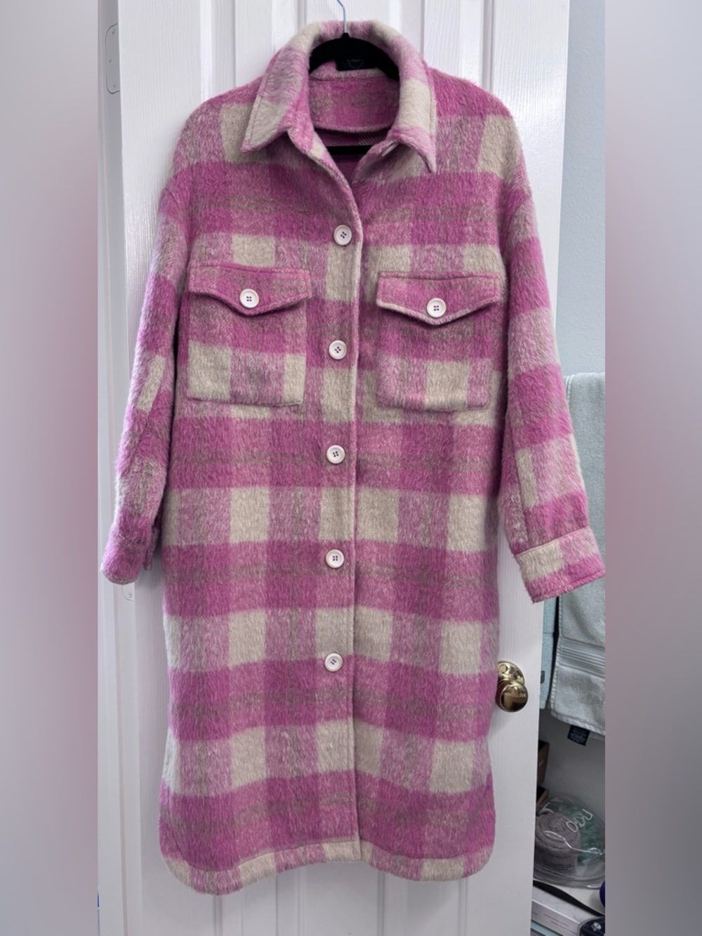 billitodu Pink Plaid Fuzzy Longline Shacket Coatigan - SIZE S (OVERSIZED) - Picture 2 of 16